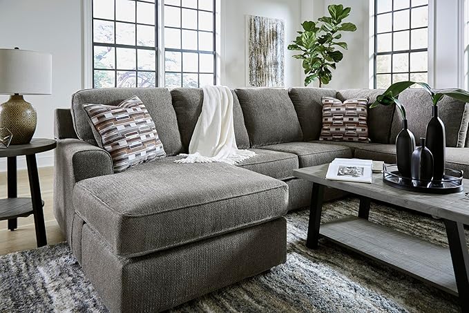 Signature Design by Ashley O'Phannon Casual Right-Arm Facing Herringbone Chenille 2-Piece Sectional with Chaise, Loose Seat Cushions and 2 Throw Pillows, Gray