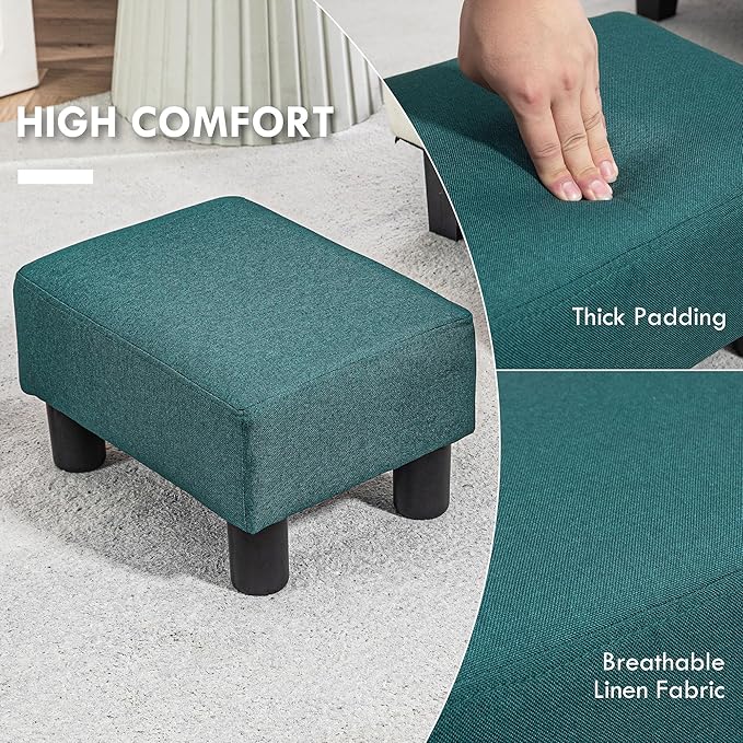 HOMCOM Ottoman Foot Rest, Small Foot Stool with Linen Fabric Upholstery and Plastic Legs, Cube Ottoman for Living Room, Green