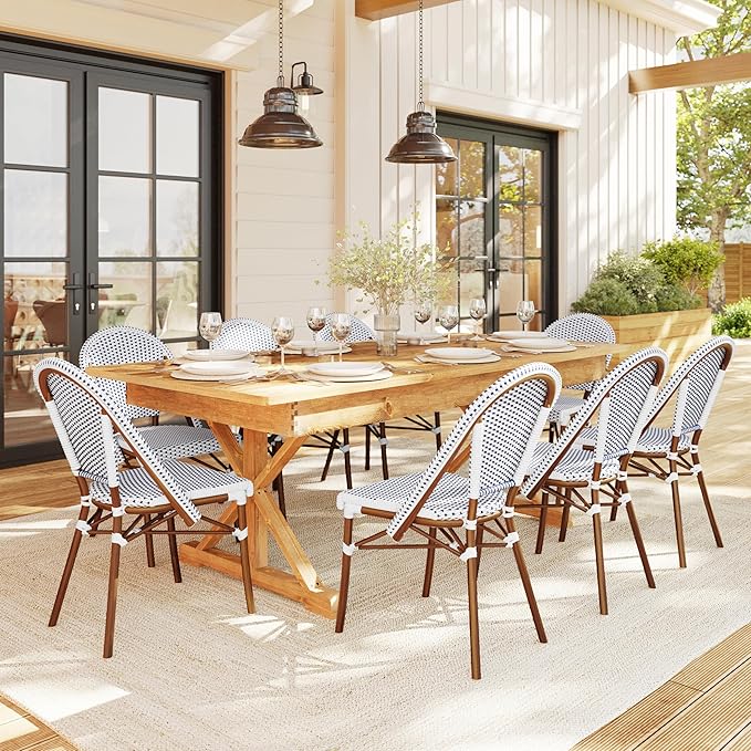 Martha Stewart Lily Pond Indoor-Outdoor Stackable Aluminum Bistro Chair with Natural Woodgrain Frame Finish and White/Navy Woven Rattan Backrest and Seat