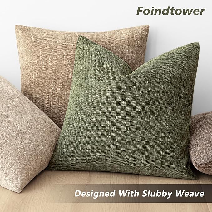Foindtower Pack of 2 Soft Textured Chenille Throw Decorative Pillow Covers Square Accent Solid Cushion Cover Cozy Neutral Farmhouse Pillow Case for Couch Sofa Bedroom Living Room 20x20 Inch,Dark Green