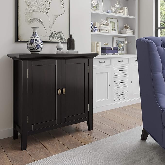 SIMPLIHOME Redmond SOLID WOOD 32 inch Wide Transitional Low Storage Cabinet in Hickory Brown for the Living Room, Entryway and Family Room