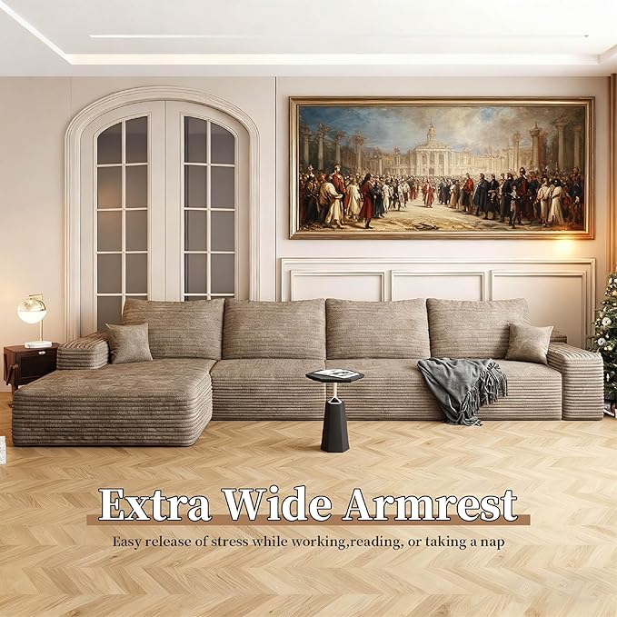 135.4'' Oversized Cloud Sofa Sectional Couch, Boneless Couch with L-Shape Chaise, Upholstered Compression Modular Sectional Sofa for Living Room, No Assembly Required (Camel, Left Facing Chaise)