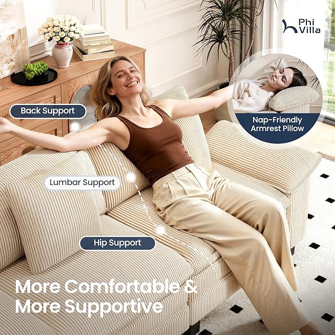 PHI VILLA Cloud Modular Couches Sets, 3 Pieces Large Sectional Sofa Set with Loveseats & Armchair, 6-Seater Upholstered Couch for Living Room, Corduroy Fabric, Beige