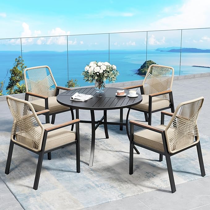 Patio Dining Chairs Set of 2, Heavy-Duty Woven Rope Outdoor Chairs with Waterproof Cushion and Wrought Iron Frame, All-Weather Outside Seating for Kitchen Garden Deck Backyard