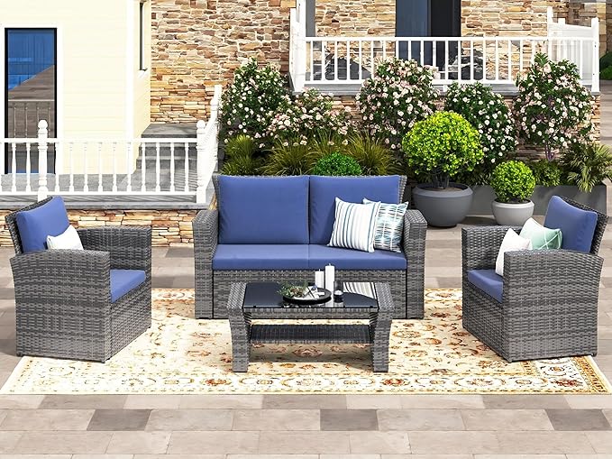 Wisteria Lane 4 Piece Patio Furniture Set, Wicker Outdoor Patio Conversation Furniture Set, All Weather Outdoor Patio Sofa with Cushion and Glass Table, Dark Blue
