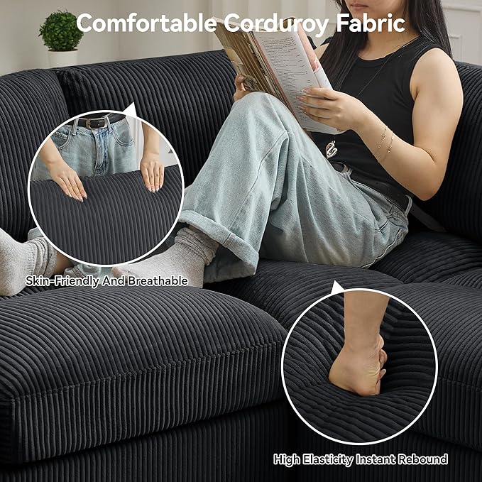 114'' V-Shaped Sectional Cloud Couch with Ottoman, 7-Seater Modular Couches for Living Room, Corduroy Oversized Deep Seat Sofa with Center Stitched, Black