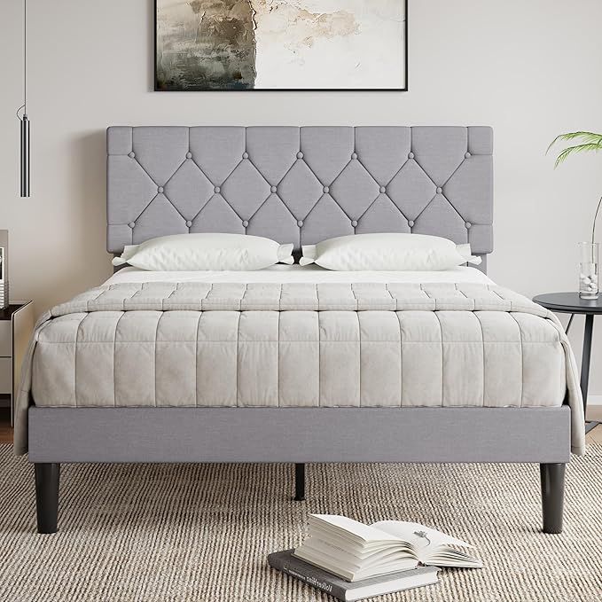 VECELO Queen Size Bed Frame with Button Tufted Headboard, Upholstered Platform Bedframe with Wood Slat Support, No Box Spring Needed, Linen Grey