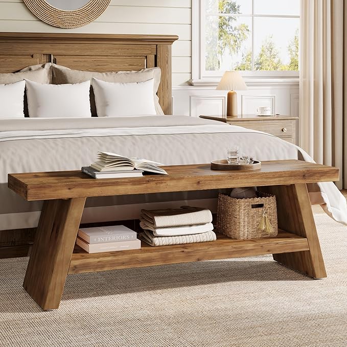 2-Tier Entryway Bench, Hallway Foyer Solid Wood Seating with Open Shelves, Wooden Shoe Bench Indoor for Entryway, Living Room, Bedroom (Rustic Brown)