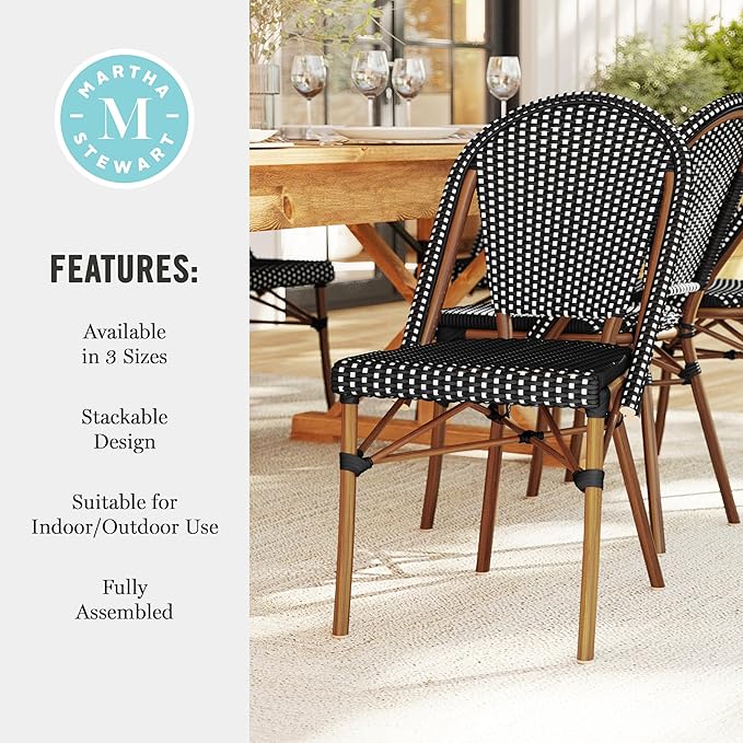 Martha Stewart Lily Pond Indoor-Outdoor Stackable Aluminum Bistro Chair with Natural Woodgrain Frame Finish and Black/White Woven Rattan Backrest and Seat