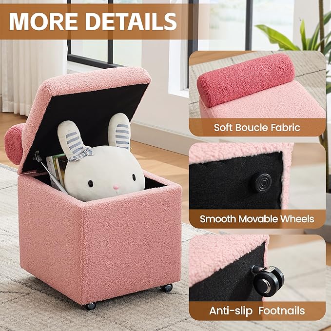 Boucle Vanity Chair with Storage, Swivel Makeup Vanity Chair with Wheels & Safety Hinge, Upholstered Vanity Stool Ottoman for Bedroom, Dressing Room, Pink