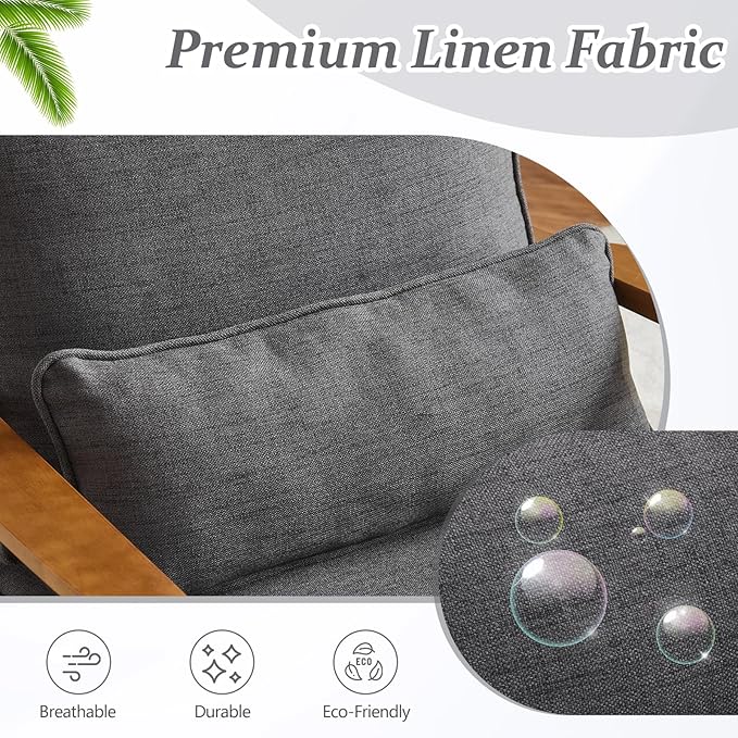VINGLI Solid Wood Wide Armrests Accent Chair,Upholstered Mid Century Modern Chair with Pillow,Comfy Reading Chair Farmhouse Arm Chair,Chairs Living Room,Bedroom,Guest Room,Linen Fabric,Dark Grey
