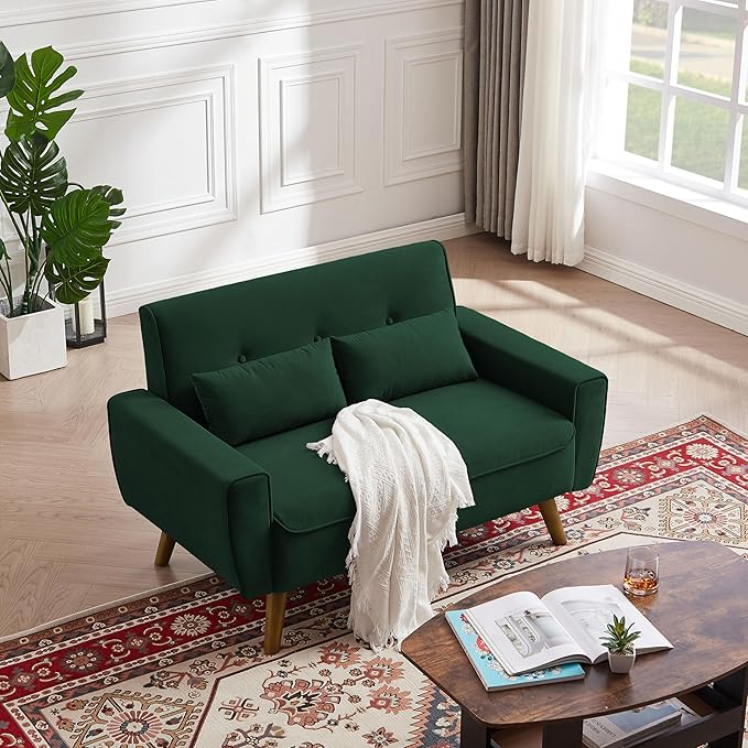 48.8" Small Loveseat Sofa, Mid Century Modern Love Seat Couch with Back Cushions and Plastic Legs, 2 Seater Couches for Living Room, Bedroom, Small Spaces, Green