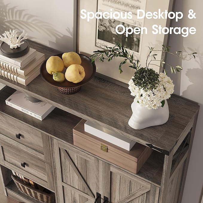 Fameill Farmhouse Storage Cabinet with Drawers and Open Storage,Freestanding Kitchen Pantry with 2 Barn Doors, Floor Cabinet with Adjustable Shelf for Living Room,Grey