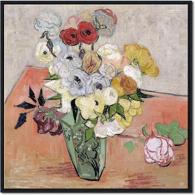 Wieco Art Framed Wall Art Japanese Vase with Roses and Anemones by Vincent Van Gogh Oil Paintings Reproduction Artwork Flowers on Canvas Wall Art for Home and office Decorations