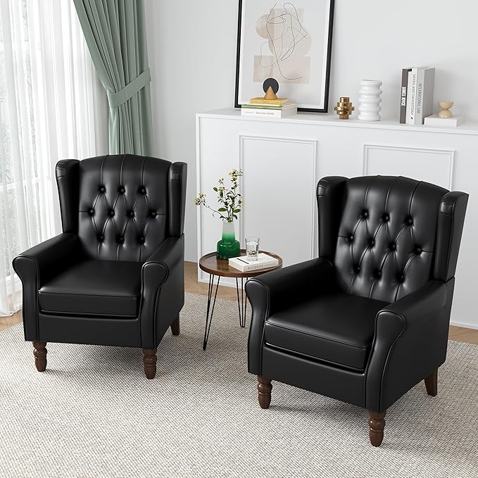 High Back Accent Chair, Faux Leather High Wingback Chair for Living Room, Button-Tufted Upholstered Armchair with Solid Wood Legs, Comfy Single Sofa Reading Chair for Bedroom, Black