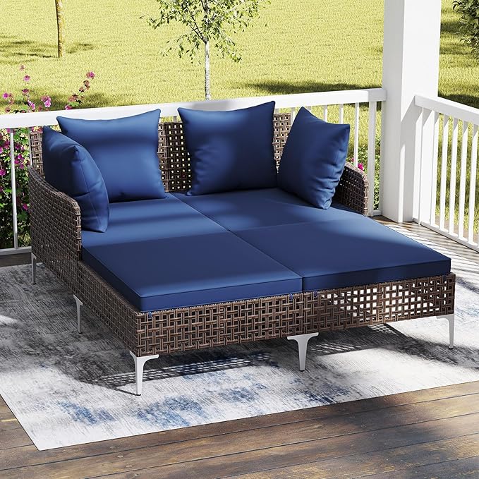 HAPPYGRILL Outdoor Patio Daybed PE Rattan Sunbed with Pillows and Cushions, Heavy-Duty Metal Frame, Outdoor Bed Lounger for Porch, Backyard and Poolside (Navy)