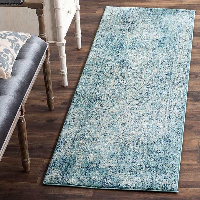 SAFAVIEH Evoke Collection 2'2" x 13' Blue/Ivory EVK256C Oriental Distressed Non-Shedding Living Room Bedroom Runner Rug