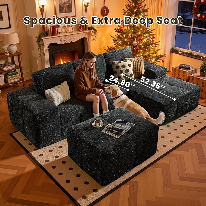 114" Glitter Cloud Sectional Couch with L-Shape Chaise & Ottoman, Modern Boneless Couches for Living Room, Fluffy Tufted Deep Seat Modular Sofa No Assembly (Gray Sparkly Velvet,Right Facing)