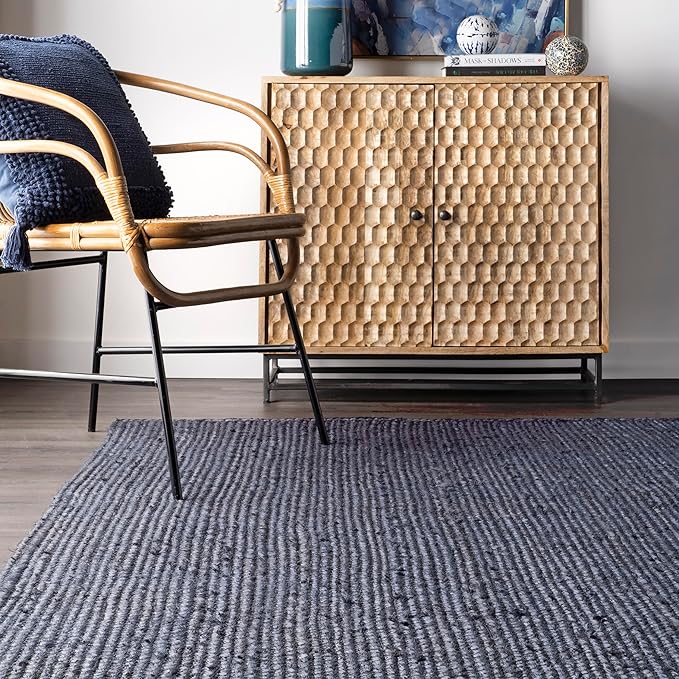 nuLOOM 3x5 Rigo Jute Hand Woven Area Rug, Navy, Solid Farmhouse Design, Natural Fiber, For Bedroom, Living Room, Dining Room, Hallway, Office, Kitchen, Entryway