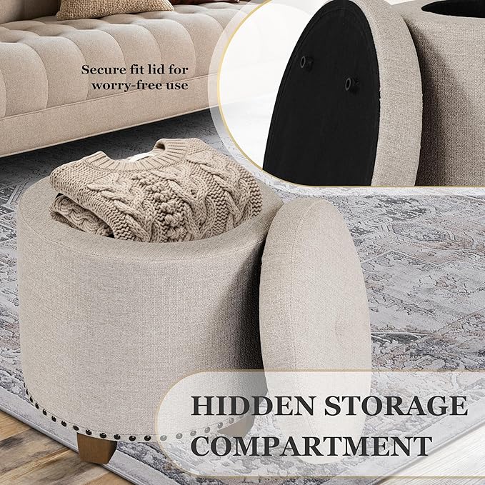 Homepop Home Decor | Upholstered Round Storage Ottoman with Nailheads| Ottoman with Storage for Living Room & Bedroom, Light Brown Fabric
