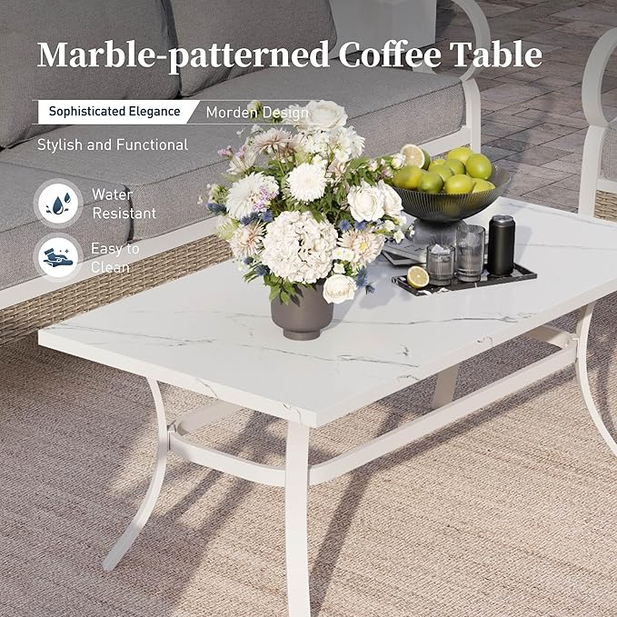 6 Piece Metal Outdoor Patio Furniture Set, Patio Conversation Set with 1 3-Seater Couch, 2 Fixed Sofa with 5.75" Thick Cushion and Coffee Table, White and Gray Backyard Furniture