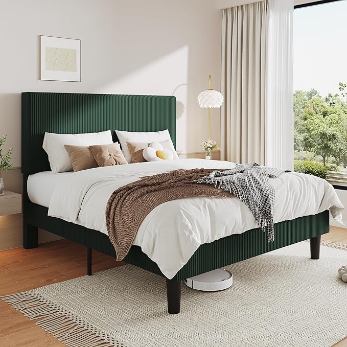 Allewie Full Size Upholstered Bed Frame with Vertical Channel Tufted Headboard, Soft Corduroy Fabric Platform Bed, Strong Wooden Slats Support, Easy Assembly, No Box Spring Needed, Dark Green