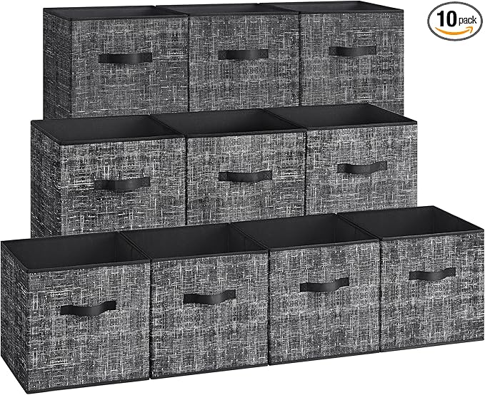 SONGMICS Storage Cubes, 13 x 13 x 13 Inches Non-Woven Fabric Bins with Double Handles, Set of 10, Closet Organizers for Shelves, Foldable, for Clothes, Ink Black UROB133B01