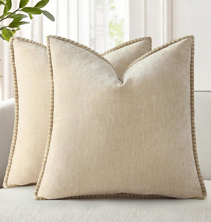 decorUhome Chenille Soft Throw Pillow Covers 18x18 Set of 2, Farmhouse Velvet Neutral Decorative Euro Pillow Covers with Stitched Edge for Couch Sofa Bed Home Decor, Beige