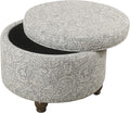 HomePop Home Decor | Upholstered Round Storage Ottoman | Ottoman with Storage for Living Room & Bedroom, Light Gray Floral Large