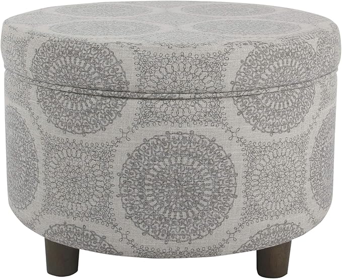 HomePop Home Decor | Upholstered Round Storage Ottoman | Ottoman with Storage for Living Room & Bedroom (Light Grey Medallion) Large
