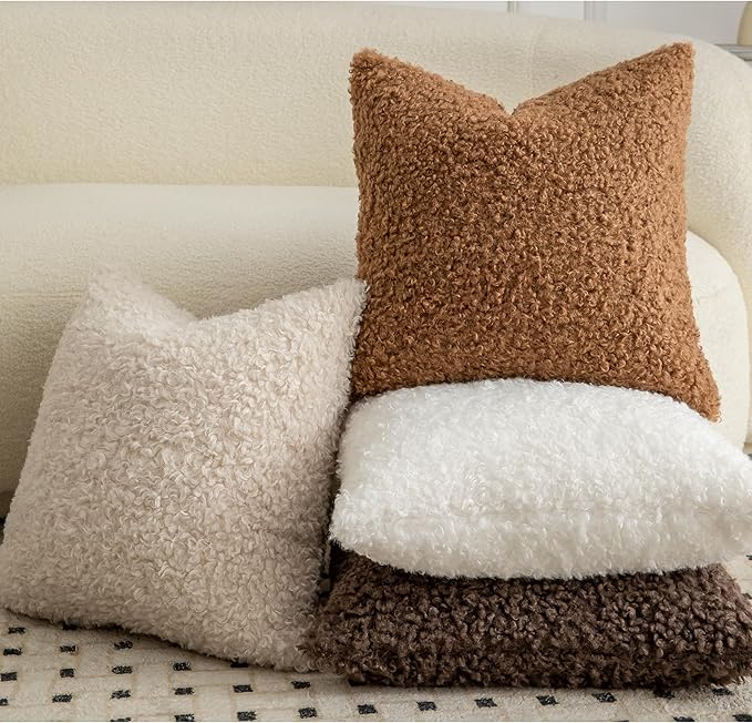 Pack of 2 Curly Teddy Wool Faux Fur Throw Pillow Covers Fuzzy Accent Soft Sherpa Pillowcases Sheepskin Fleece Decorative Cushion Case for Sofa Couch Living Room 26x26 Inch Bronze