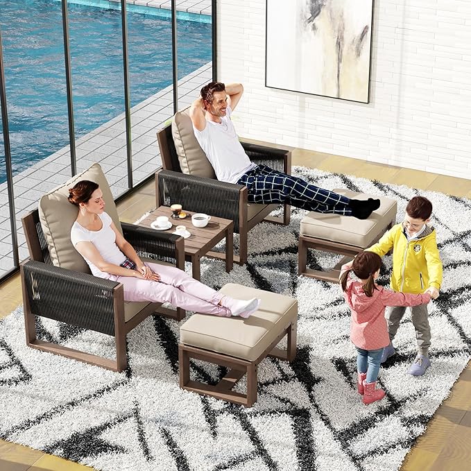 5 Piece Patio Bistro Chair Set with Ottoman, Wooden Outdoor Patio Furniture Set, Patio Wicker Chairs with Coffee Tables for Balcony Deck Backyard