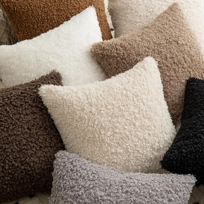 Pack of 2 Curly Teddy Wool Faux Fur Throw Pillow Covers Fuzzy Accent Soft Sherpa Pillowcases Sheepskin Fleece Decorative Cushion Case for Sofa Couch Living Room 24x24 Inch Neutral White