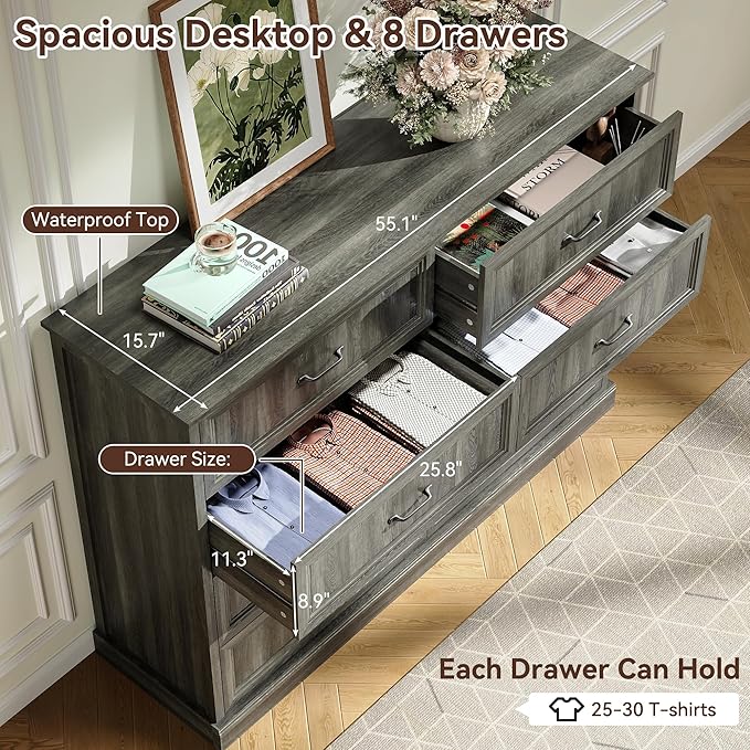 Farmhouse Dresser and Nightstand Sets, 4Pcs Bedroom Furniture Set, Nightstand Set of 2 & 55" Wide 8 Drawer and 44" Tall 5 Drawer Dresser with Large Drawers & Bar Handles, Grey