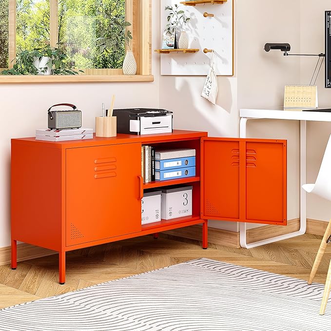 SISESOL Orange Metal Storage Cabinet with Doors and Shelves,2 Door Wide Metal Locker Accent Storage Cabinet with Leg & Vent Hole,Wide TV Cabinets,Low Side Cupboard for Home,Office,Dining/Living Room