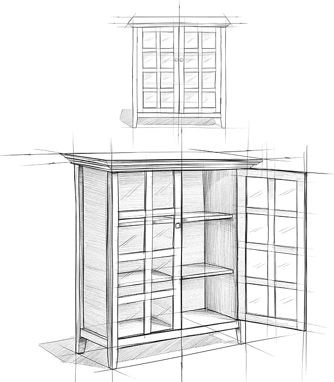 SIMPLIHOME Acadian Storage Cabinet - 39 inch Wide Solid Wood 4-Shelf Display Cabinet in Natural Aged Brown, Transitional Cupboard for Living Room or Dining Room with Glass Doors and Adjustable Shelves
