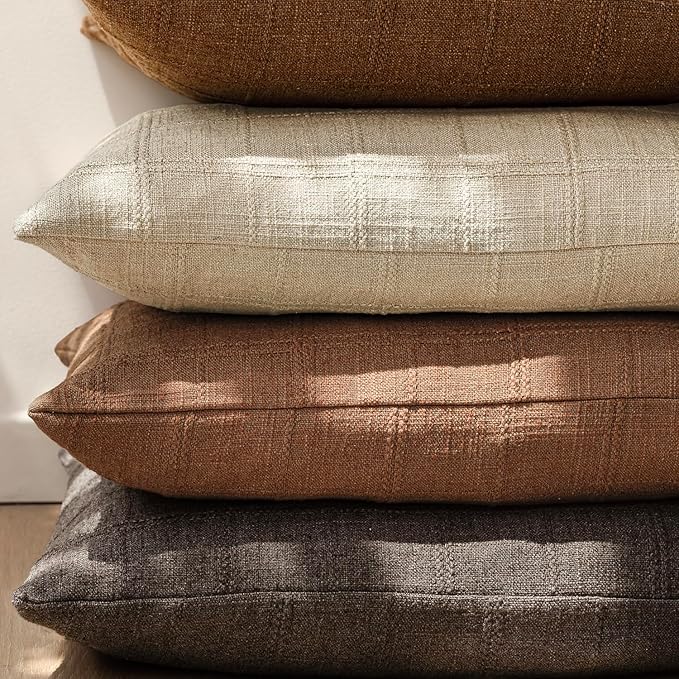 Foindtower Set of 2 Decorative Linen Check Throw Pillow Covers Neutral Farmhouse Lumbar Cushion Covers Modern Boho Home Decor for Sofa Chair Couch Bedroom Living Room,12×20 Inch,Dark Brown