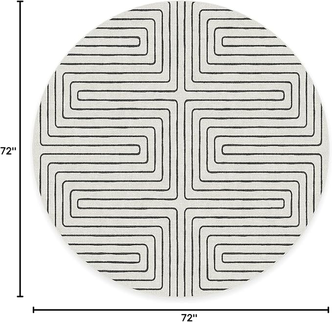 RUGGABLE x Jonathan Adler Machine Washable Area Rug – Labyrinth Black/Ivory 6 ft Round, Stain-Resistant, Non-Slip – Medium Rugs for Living Room, Bedroom, Hallway, Entryway & Office–with Cushioned Pad