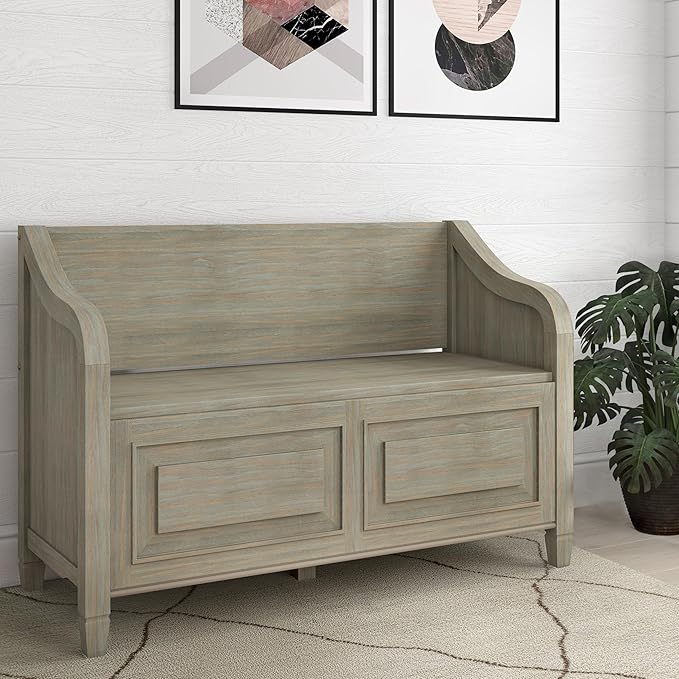 SIMPLIHOME Connaught SOLID WOOD 42 inch Wide Traditional Entryway Storage Bench in Distressed Grey for the Living Room, Entryway and Family Room