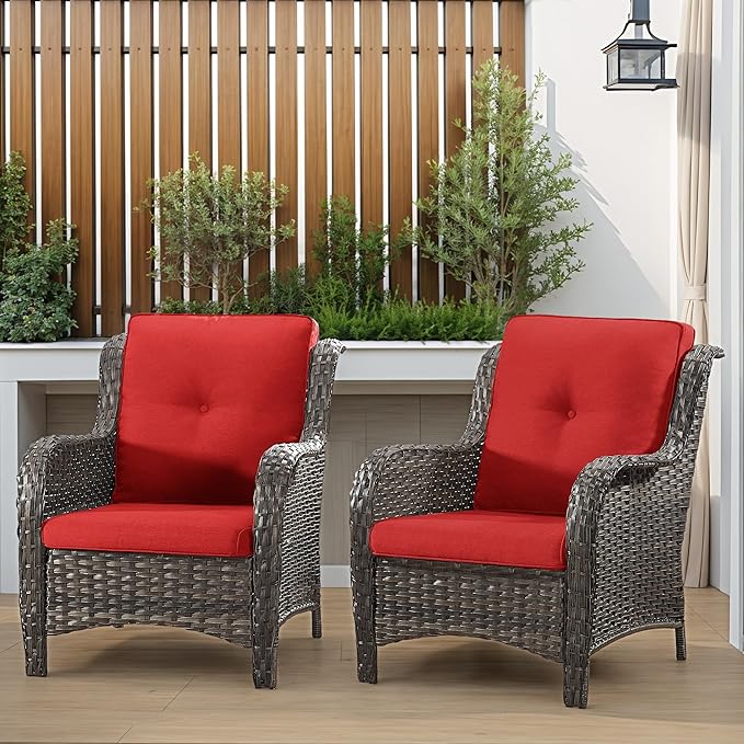 Patio Wicker Chairs Set of 2, Patio Rattan Dining Chairs with 3.5-inch Seat Cushions, High Back and Curved Armrest for Garden, Backyard, Balcony and Deck, Red