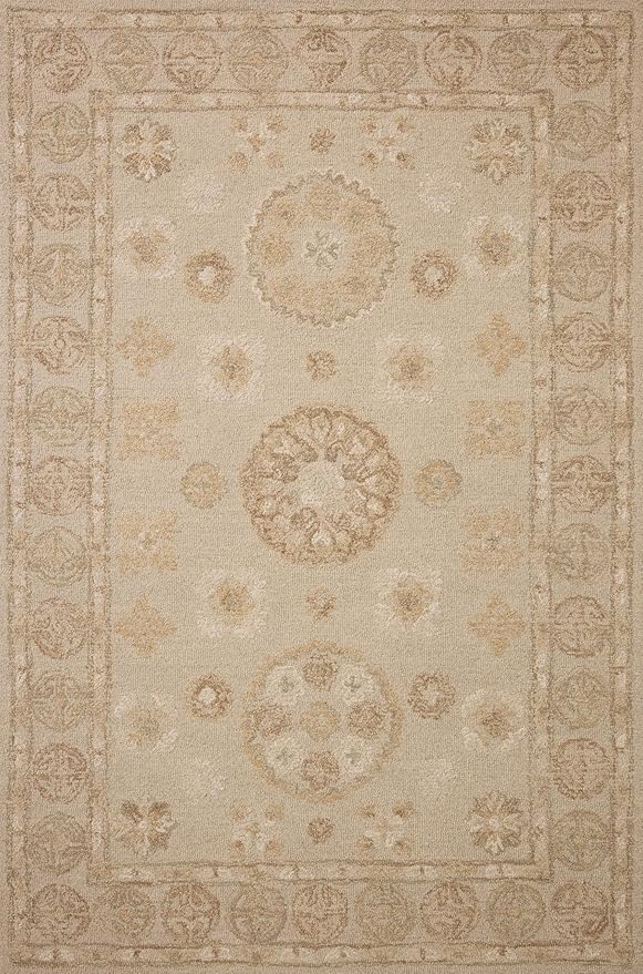 Loloi Chris Loves Julia Dorothea Collection DRT-03 Dove/Natural 8'-6" x 11'-6" Area Rug Wool Neutral Floral Living Room Bedroom Carpet