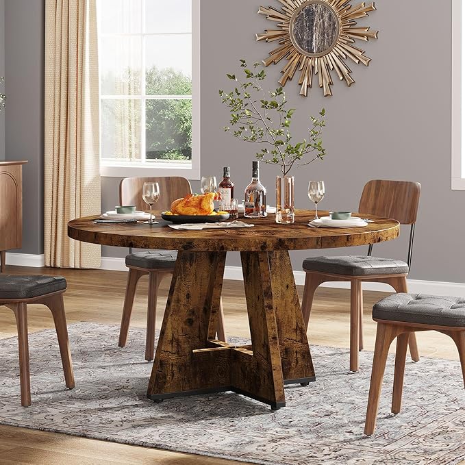 Tribesigns Round Dining Table for 4, 47 inch Farmhouse Circle Kitchen Table with Wooden Pedestal Base for Kitchen, Dining Room, Living Room (Rustic Brown)