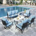Sophia & William Patio Furniture Sets for 7 Outdoor Conversation Set 6 Pcs with 4 x Armrest Cushioned Sofa Chairs, 1 x 3-Seat Sofa, 1 Marbling Metal Coffee Table Garden Backyard Poolside Blue
