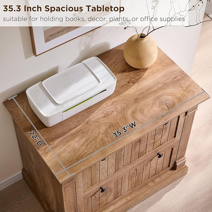 OKD Farmhouse File Cabinet with 2 Drawers, 35.3" Lateral Filing Cabinet with Hanging File Folders, Interlocking Drawers, Wood Rustic Storage Cabinet for Home Office, Living Room, Light Knotty Oak