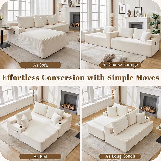 106" Cloud Sectional Couch, Modular Sectional Sofa with L-Shape Chaise, Corduroy Boneless Couch with Deep Seat, Upholstered Sofa for Living Room, No Assembly Required(Left-Facing Chaise, White)