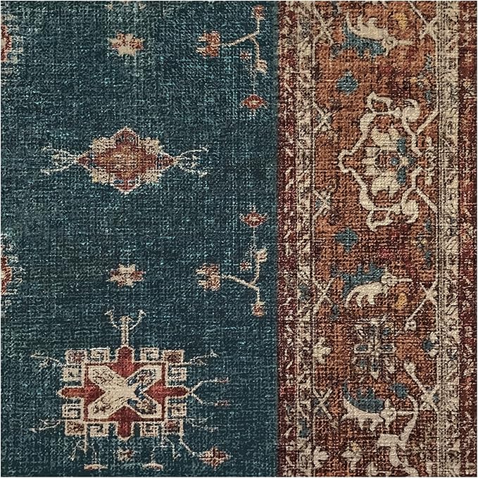 RUGGABLE Washable Vintage Area Rug – Verena Teal Blue 5x7, Stain-Resistant, Non-Slip – Medium Machine Washable Rugs for Living Room, Bedroom, Hallway, Entryway & Office–with Cushioned Pad