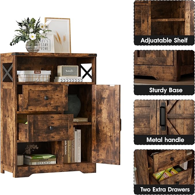 Fameill Farmhouse Storage Cabinet with 2 Drawers & Shelves,Freestanding Kitchen Cabinet with Doors,Floor Storage Organization for Living Room,Bathroom,Laundry,Brown