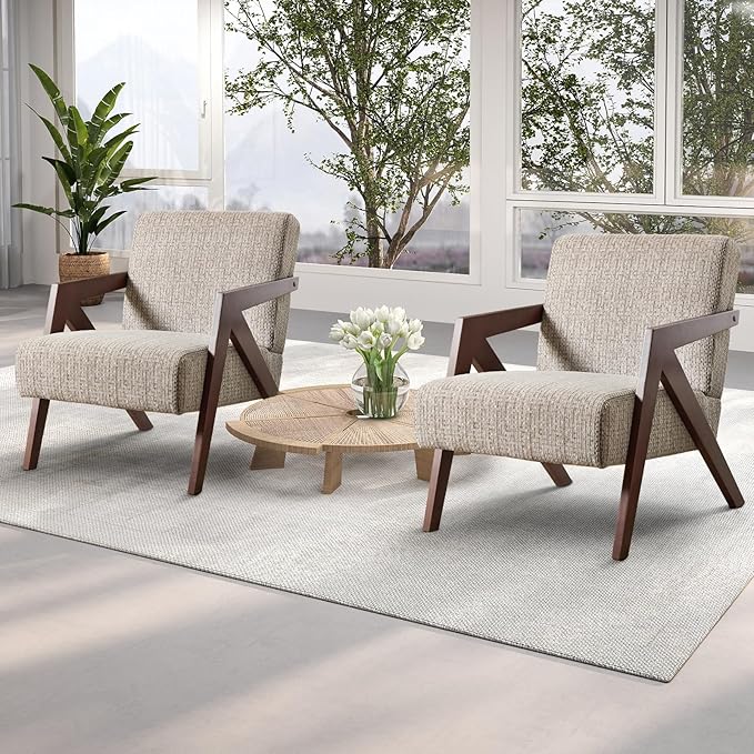 INZOY Mid Century Modern Accent Chair with Wood Frame, Upholstered Reading Armchair with Soft Linen Fabric, Accent Chair for Living Room Bedroom Apartment, Easy Assembly, Brown