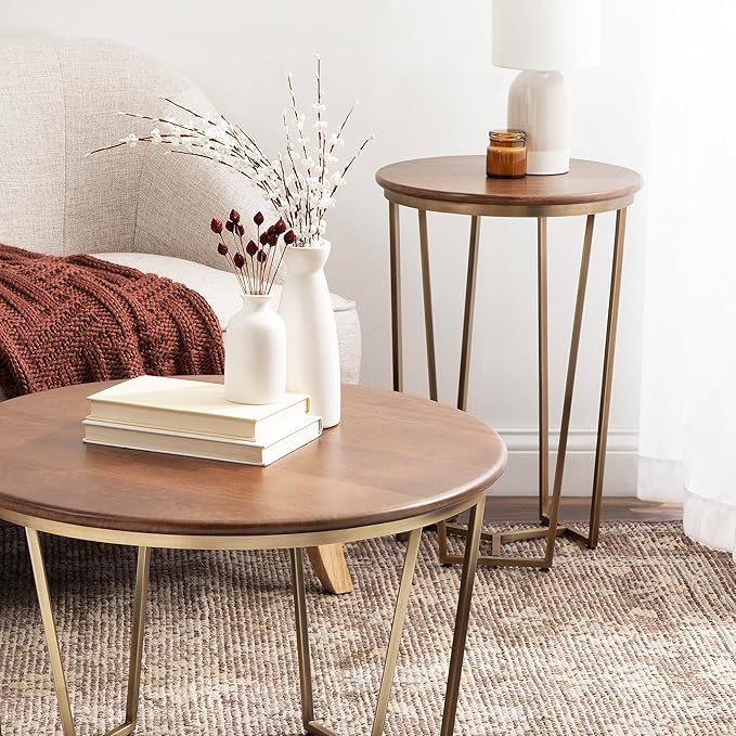 Kate and Laurel Solvay Round Metal and Wood Side Table; 16 x 16 x 24; Walnut and Antique Brass; Mid-Century Modern Bedroom Nightstand Table with Solid Mango Wood Tabletop and Iron Base