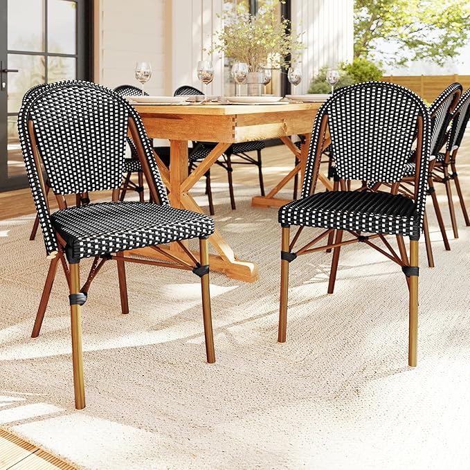 Martha Stewart Lily Pond Indoor-Outdoor Stackable Aluminum Bistro Chair with Natural Woodgrain Frame Finish and Black/White Woven Rattan Backrest and Seat